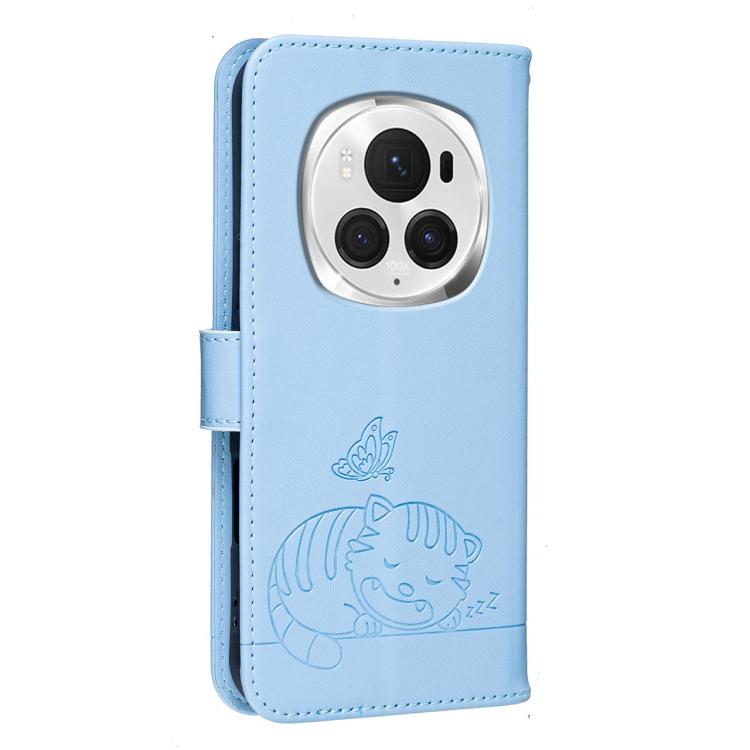 For Honor Magic6 Pro Cat Butterfly Embossed RFID Vegan Leather Phone Case with Strap