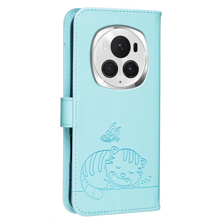 For Honor Magic6 Pro Cat Butterfly Embossed RFID Vegan Leather Phone Case with Strap
