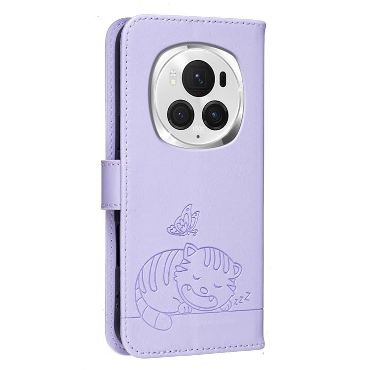 For Honor Magic6 Pro Cat Butterfly Embossed RFID Vegan Leather Phone Case with Strap