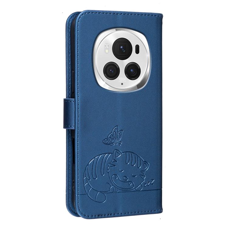 For Honor Magic6 Pro Cat Butterfly Embossed RFID Vegan Leather Phone Case with Strap