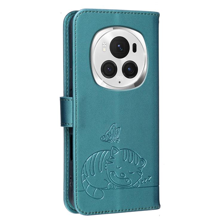 For Honor Magic6 Pro Cat Butterfly Embossed RFID Vegan Leather Phone Case with Strap