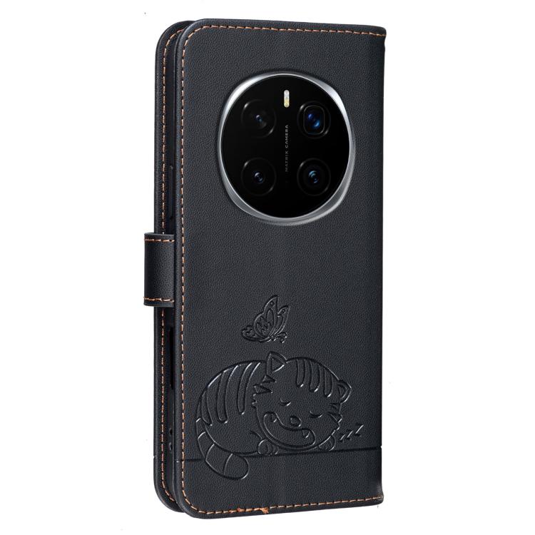 For Honor Magic7 Cat Butterfly Embossed RFID Vegan Leather Phone Case with Strap