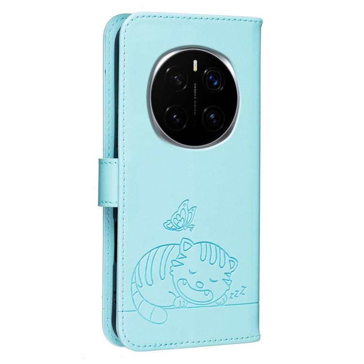 For Honor Magic7 Cat Butterfly Embossed RFID Vegan Leather Phone Case with Strap