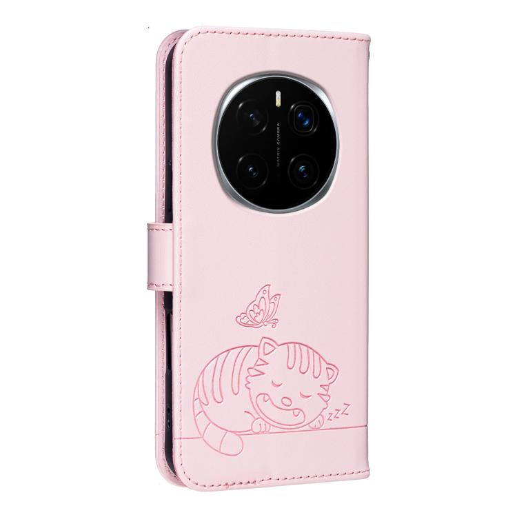 For Honor Magic7 Pro Cat Butterfly Embossed RFID Vegan Leather Phone Case with Strap