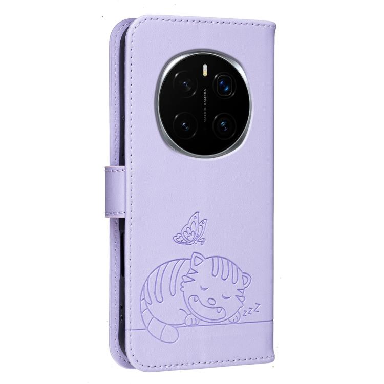 For Honor Magic7 Pro Cat Butterfly Embossed RFID Vegan Leather Phone Case with Strap