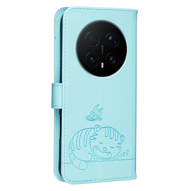 For Honor Magic8 Pro Cat Butterfly Embossed RFID Vegan Leather Phone Case with Strap