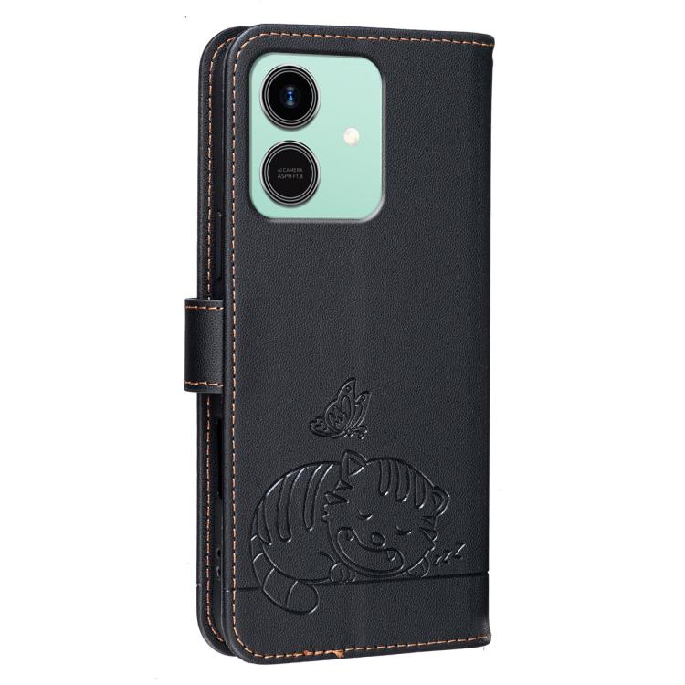 For Honor Play10 4G Cat Butterfly Embossed RFID Vegan Leather Phone Case with Strap