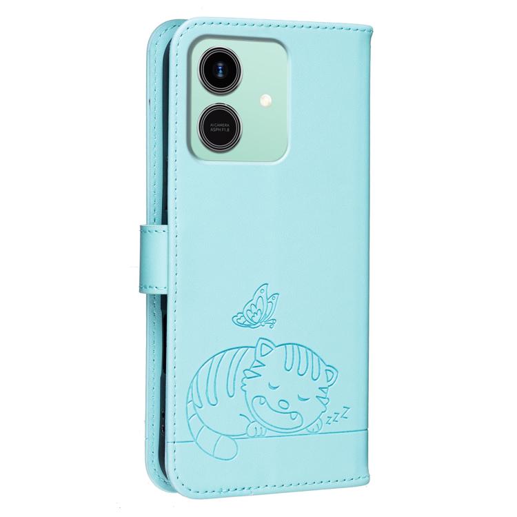 For Honor Play10 4G Cat Butterfly Embossed RFID Vegan Leather Phone Case with Strap