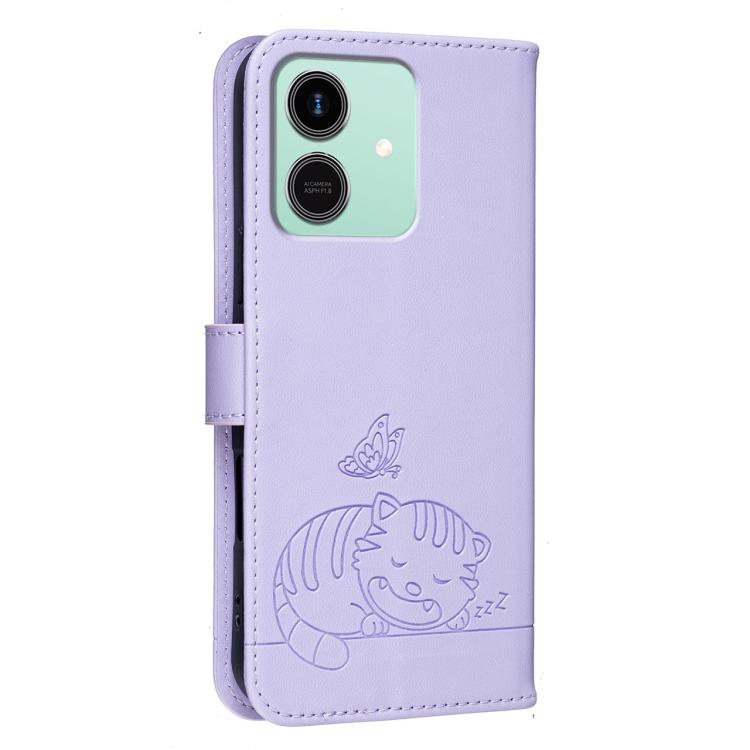 For Honor Play10 4G Cat Butterfly Embossed RFID Vegan Leather Phone Case with Strap