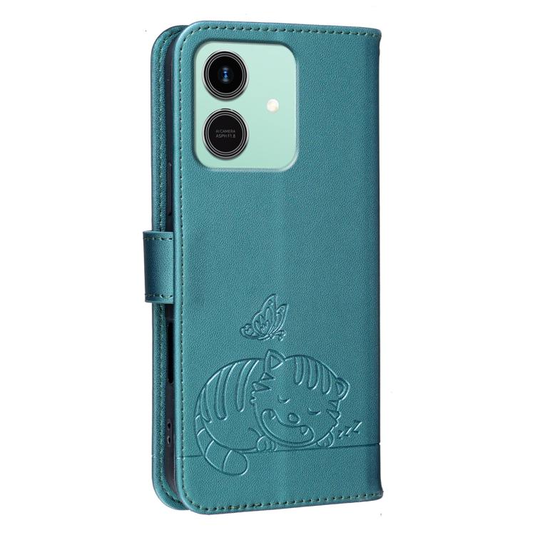 For Honor Play10 4G Cat Butterfly Embossed RFID Vegan Leather Phone Case with Strap