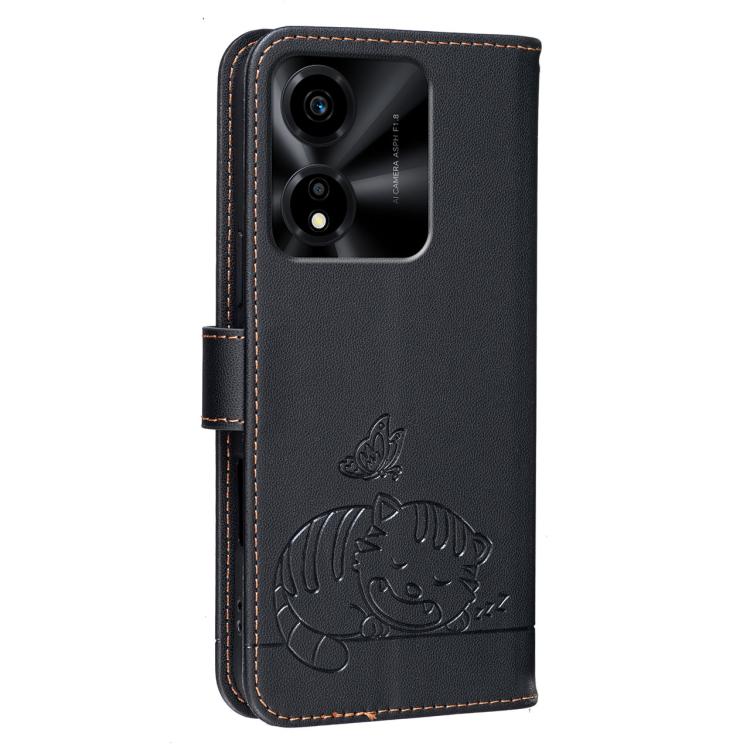 For Honor X5c Plus Cat Butterfly Embossed RFID Vegan Leather Phone Case with Strap