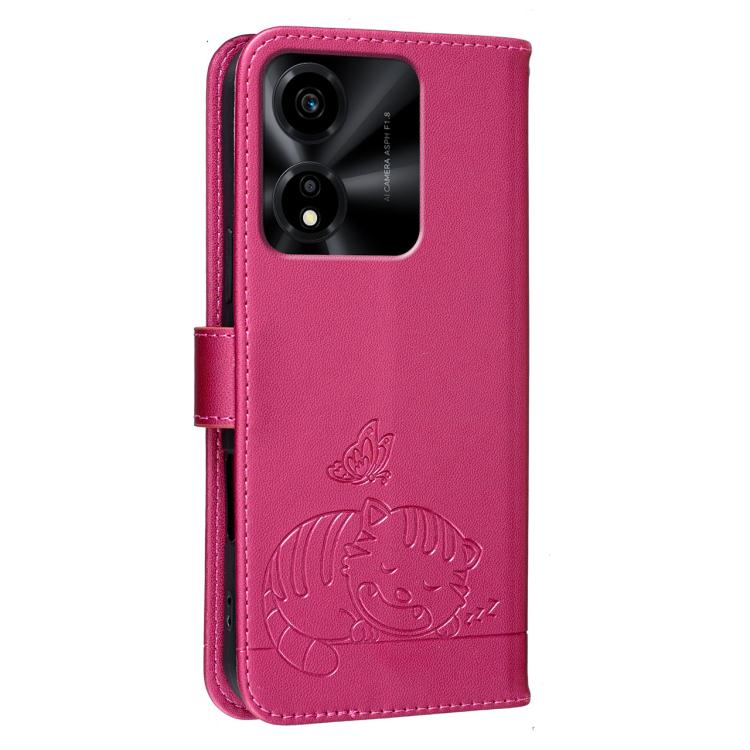For Honor X5c Plus Cat Butterfly Embossed RFID Vegan Leather Phone Case with Strap