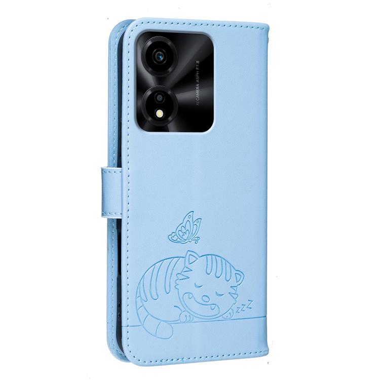 For Honor X5c Plus Cat Butterfly Embossed RFID Vegan Leather Phone Case with Strap