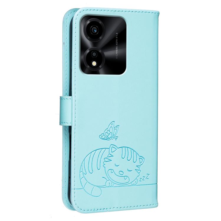 For Honor X5c Plus Cat Butterfly Embossed RFID Vegan Leather Phone Case with Strap