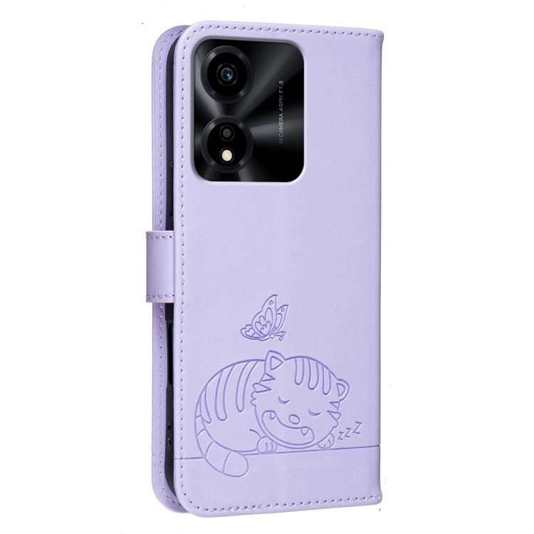 For Honor X5c Plus Cat Butterfly Embossed RFID Vegan Leather Phone Case with Strap