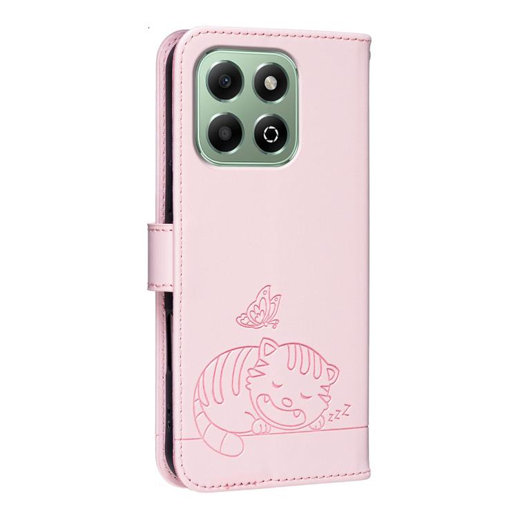 For Honor X6b 4G / X6a 4G Cat Butterfly Embossed RFID Vegan Leather Phone Case with Strap