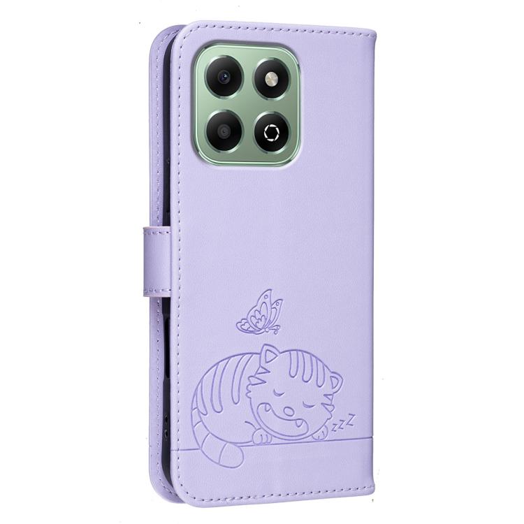 For Honor X6b 4G / X6a 4G Cat Butterfly Embossed RFID Vegan Leather Phone Case with Strap