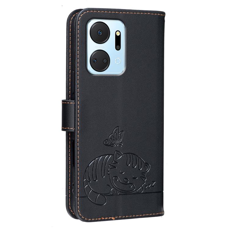 For Honor X7a 4G / Play7T 5G Cat Butterfly Embossed RFID Vegan Leather Phone Case with Strap