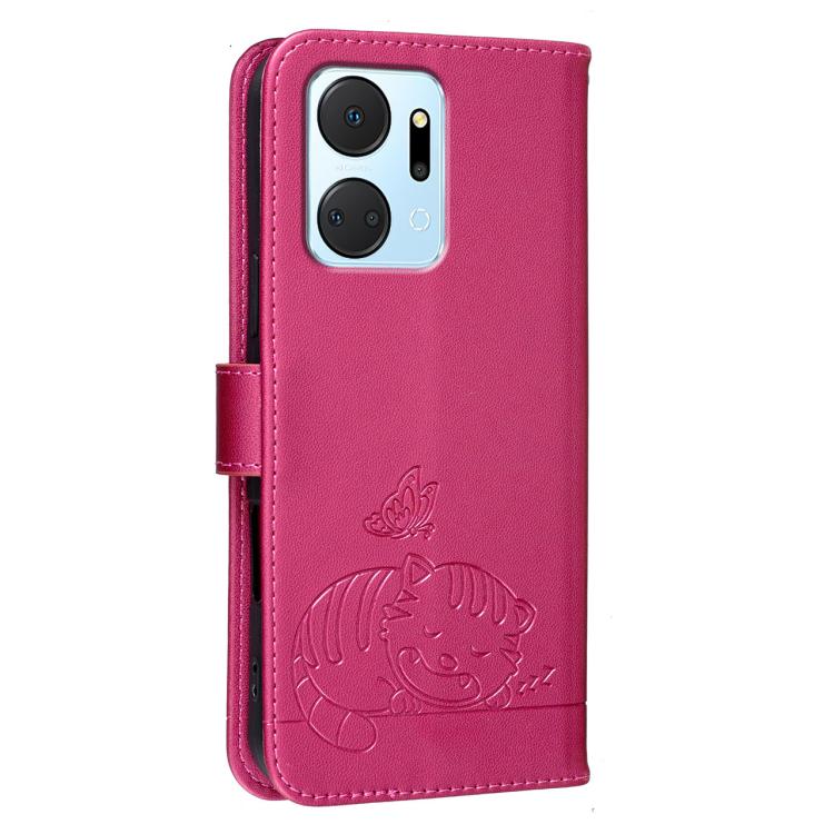 For Honor X7a 4G / Play7T 5G Cat Butterfly Embossed RFID Vegan Leather Phone Case with Strap