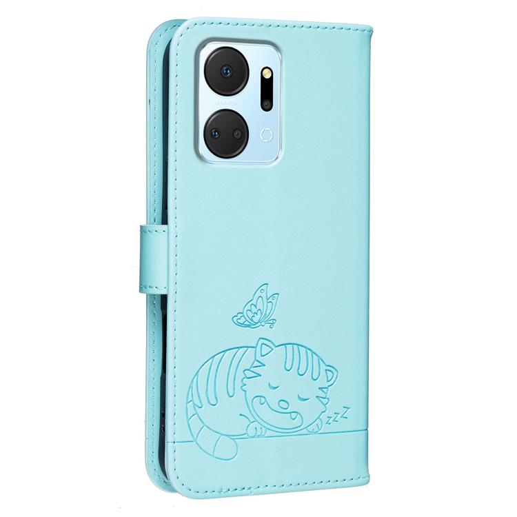 For Honor X7a 4G / Play7T 5G Cat Butterfly Embossed RFID Vegan Leather Phone Case with Strap
