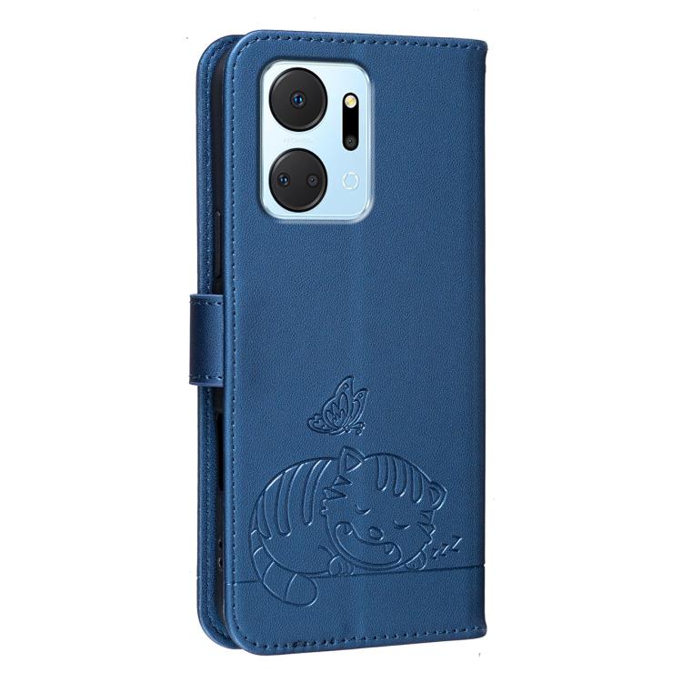 For Honor X7a 4G / Play7T 5G Cat Butterfly Embossed RFID Vegan Leather Phone Case with Strap