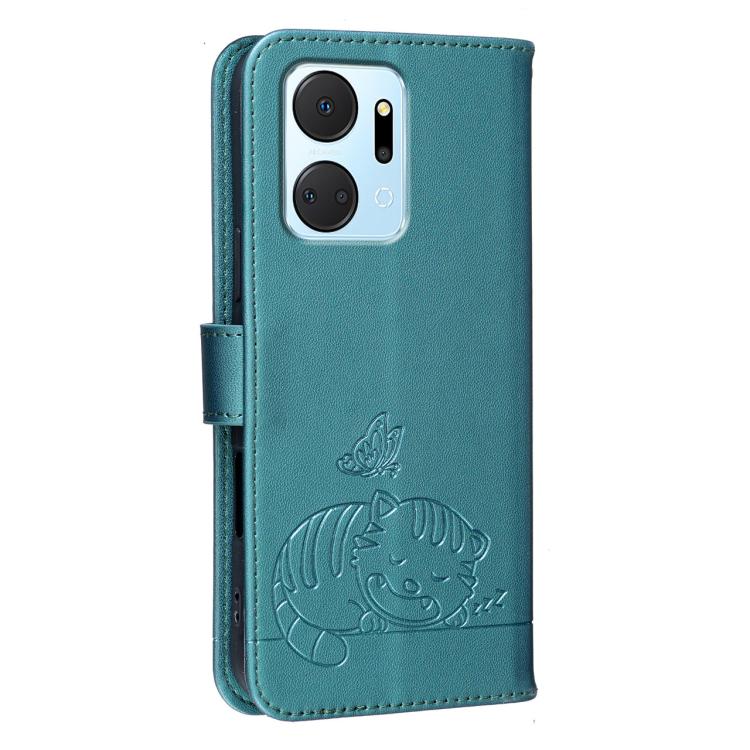 For Honor X7a 4G / Play7T 5G Cat Butterfly Embossed RFID Vegan Leather Phone Case with Strap
