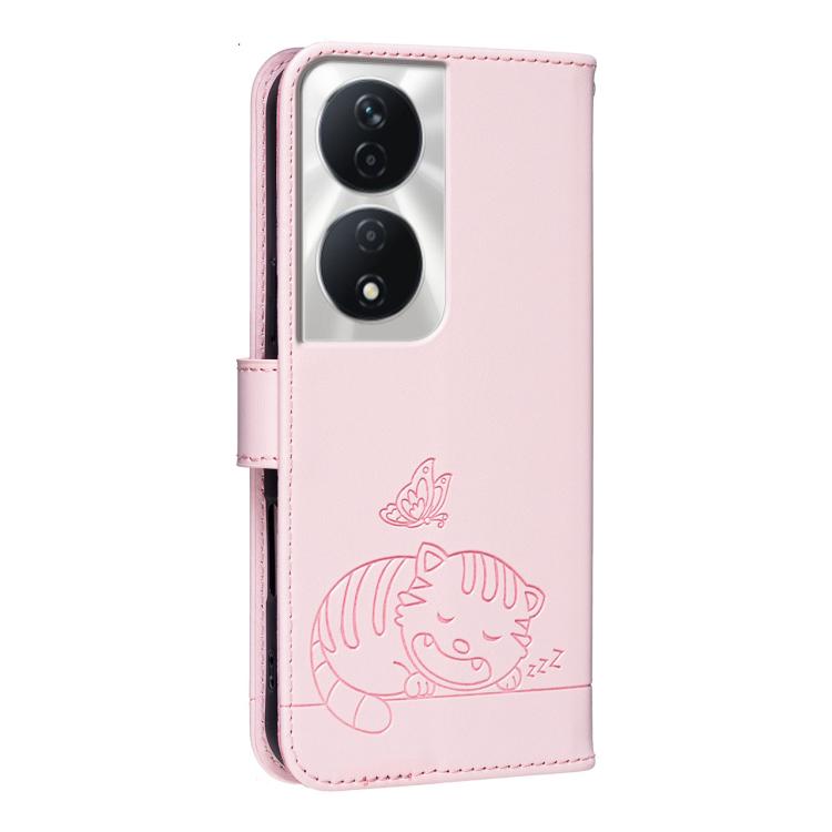 For Honor X7b 4G / 5G / 90 Smart 5G Cat Butterfly Embossed RFID Vegan Leather Phone Case with Strap