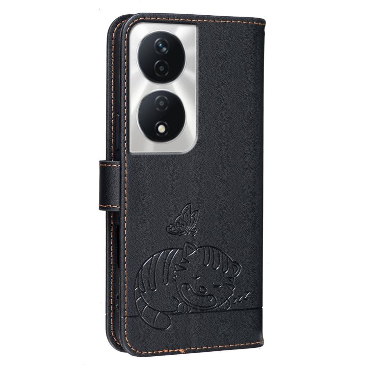 For Honor X7b 4G / 5G / 90 Smart 5G Cat Butterfly Embossed RFID Vegan Leather Phone Case with Strap