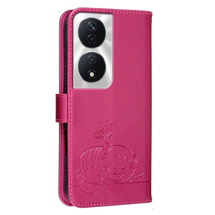 For Honor X7b 4G / 5G / 90 Smart 5G Cat Butterfly Embossed RFID Vegan Leather Phone Case with Strap