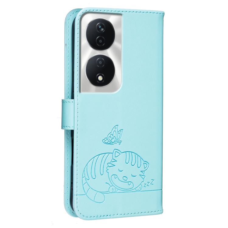 For Honor X7b 4G / 5G / 90 Smart 5G Cat Butterfly Embossed RFID Vegan Leather Phone Case with Strap