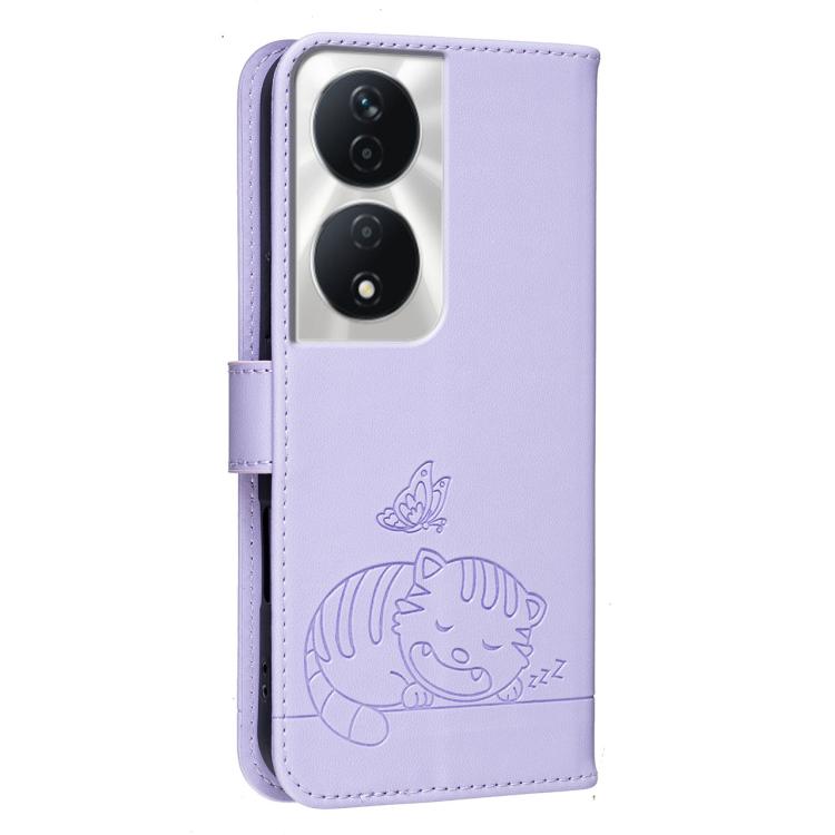 For Honor X7b 4G / 5G / 90 Smart 5G Cat Butterfly Embossed RFID Vegan Leather Phone Case with Strap