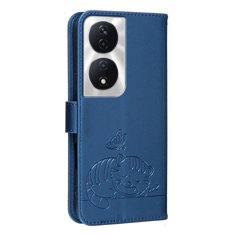 For Honor X7b 4G / 5G / 90 Smart 5G Cat Butterfly Embossed RFID Vegan Leather Phone Case with Strap