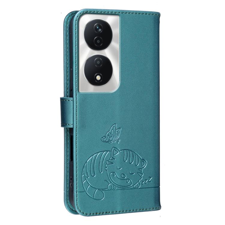 For Honor X7b 4G / 5G / 90 Smart 5G Cat Butterfly Embossed RFID Vegan Leather Phone Case with Strap