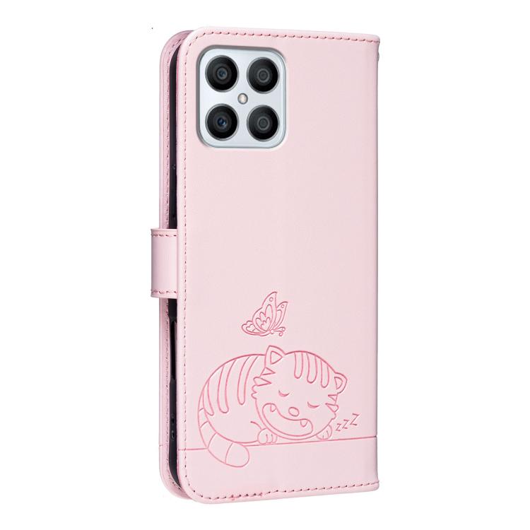 For Honor X8 4G Cat Butterfly Embossed RFID Vegan Leather Phone Case with Strap