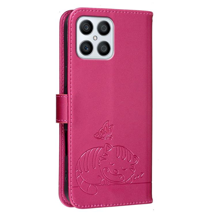 For Honor X8 4G Cat Butterfly Embossed RFID Vegan Leather Phone Case with Strap
