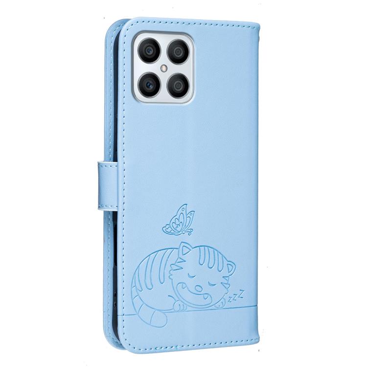 For Honor X8 4G Cat Butterfly Embossed RFID Vegan Leather Phone Case with Strap
