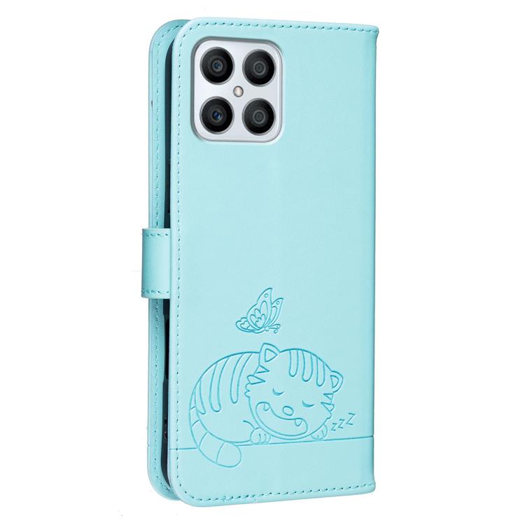 For Honor X8 4G Cat Butterfly Embossed RFID Vegan Leather Phone Case with Strap