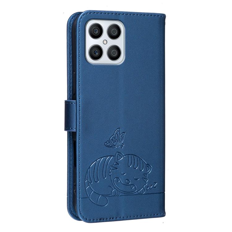 For Honor X8 4G Cat Butterfly Embossed RFID Vegan Leather Phone Case with Strap