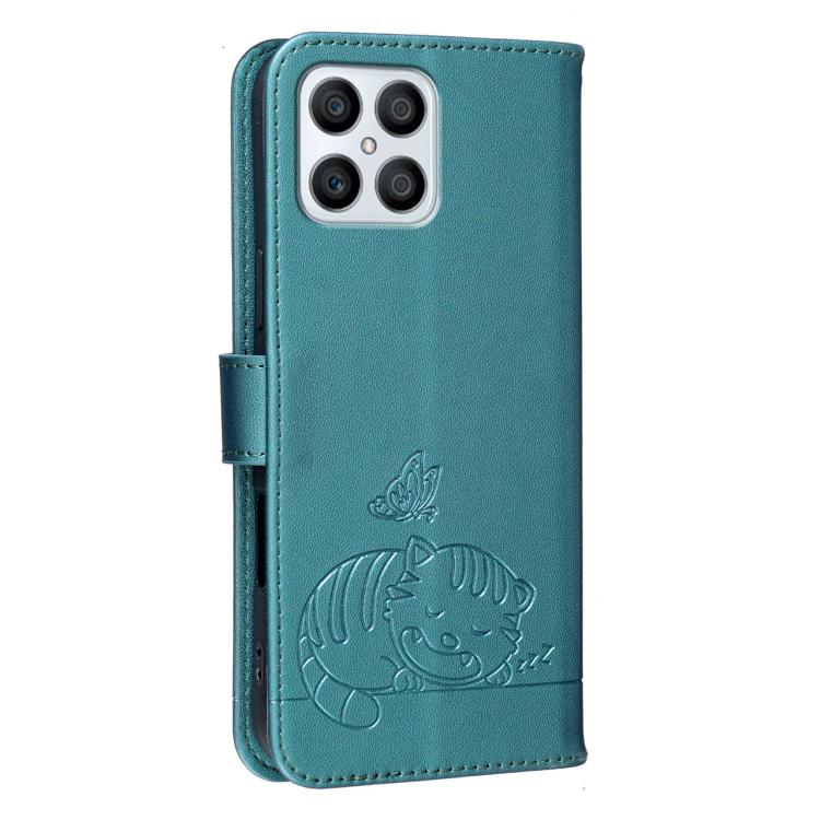 For Honor X8 4G Cat Butterfly Embossed RFID Vegan Leather Phone Case with Strap