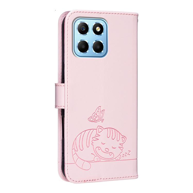 For Honor X8 5G Cat Butterfly Embossed RFID Vegan Leather Phone Case with Strap