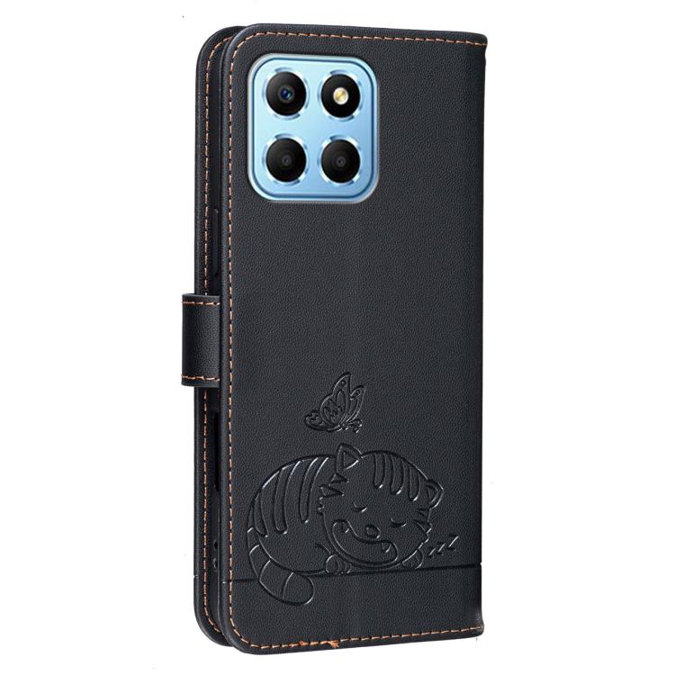 For Honor X8 5G Cat Butterfly Embossed RFID Vegan Leather Phone Case with Strap