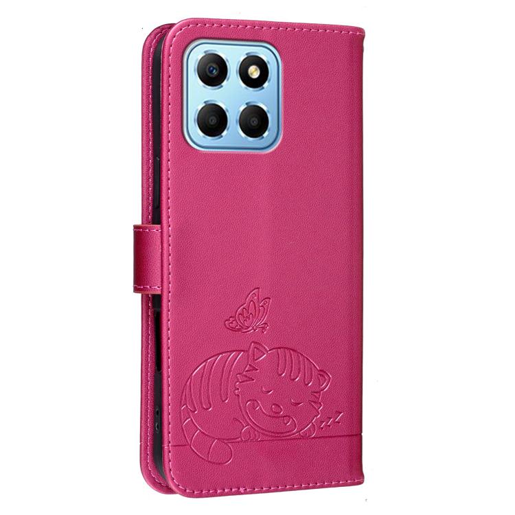 For Honor X8 5G Cat Butterfly Embossed RFID Vegan Leather Phone Case with Strap