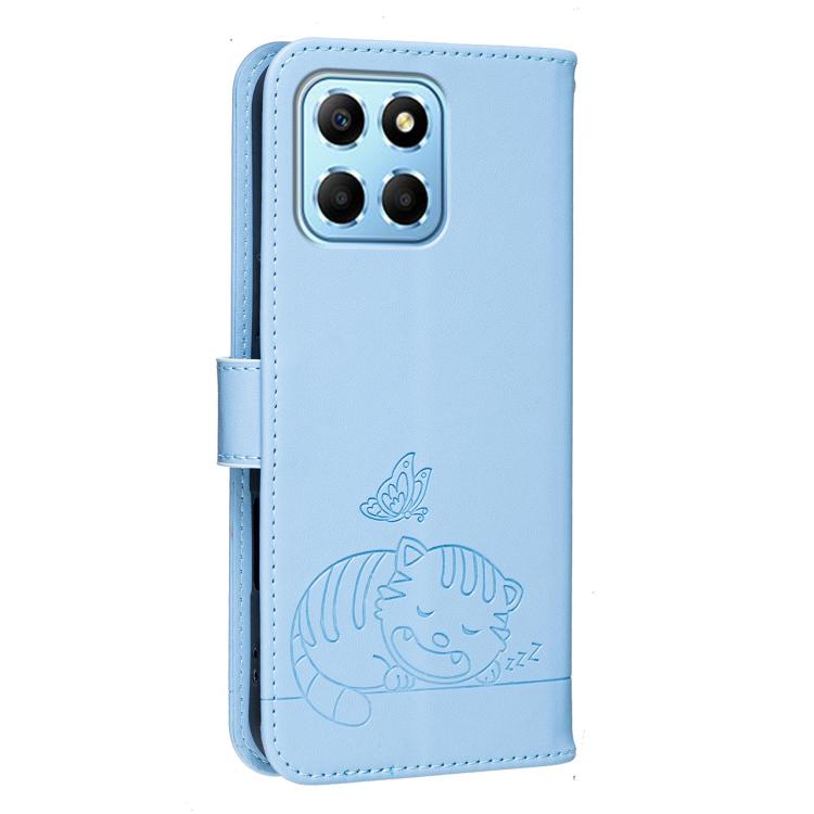 For Honor X8 5G Cat Butterfly Embossed RFID Vegan Leather Phone Case with Strap