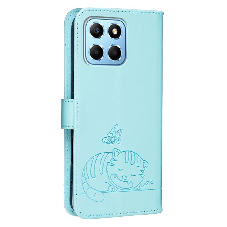 For Honor X8 5G Cat Butterfly Embossed RFID Vegan Leather Phone Case with Strap