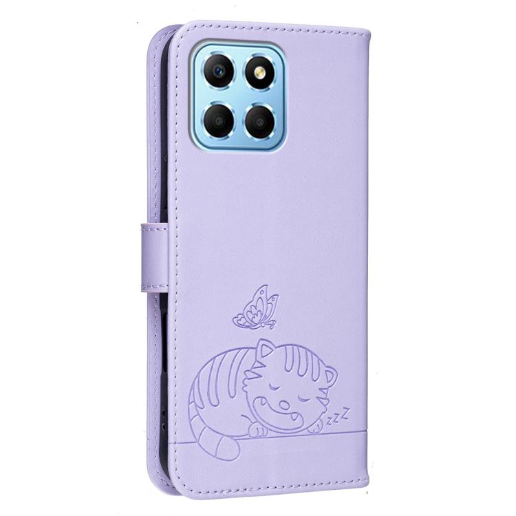 For Honor X8 5G Cat Butterfly Embossed RFID Vegan Leather Phone Case with Strap