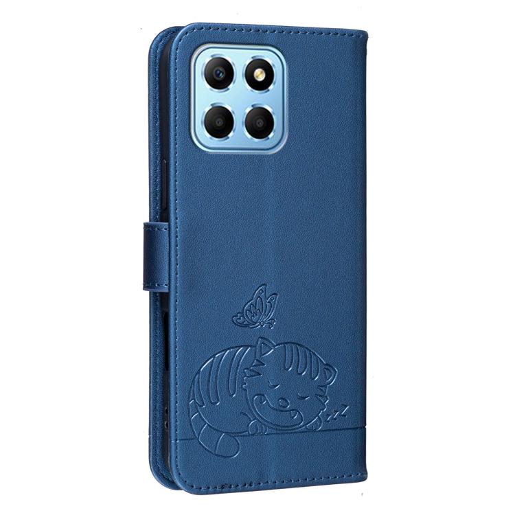 For Honor X8 5G Cat Butterfly Embossed RFID Vegan Leather Phone Case with Strap