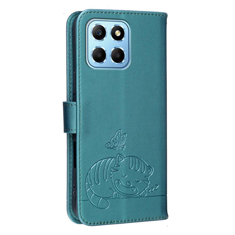 For Honor X8 5G Cat Butterfly Embossed RFID Vegan Leather Phone Case with Strap