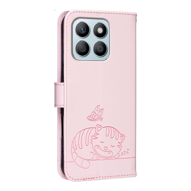 For Honor X8b Cat Butterfly Embossed RFID Vegan Leather Phone Case with Strap