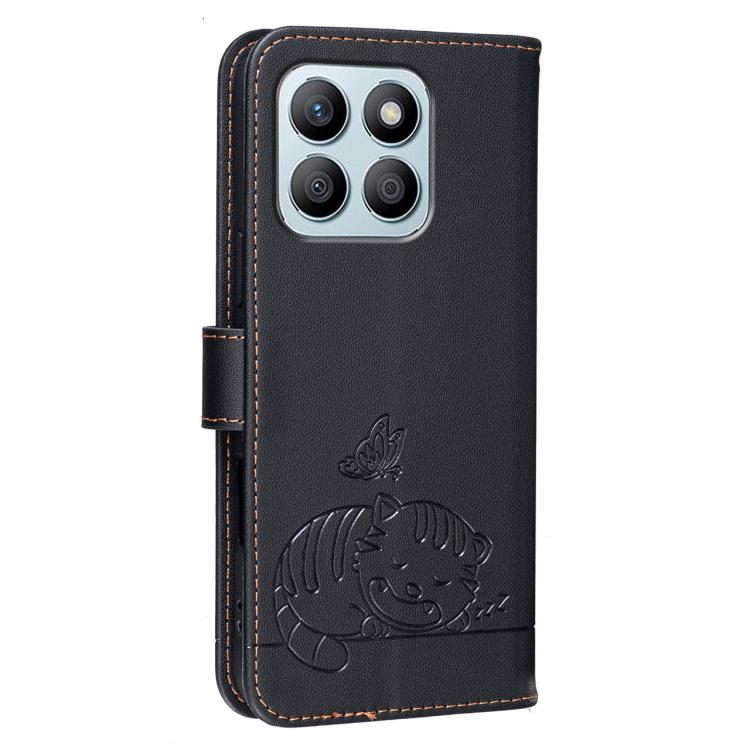 For Honor X8b Cat Butterfly Embossed RFID Vegan Leather Phone Case with Strap