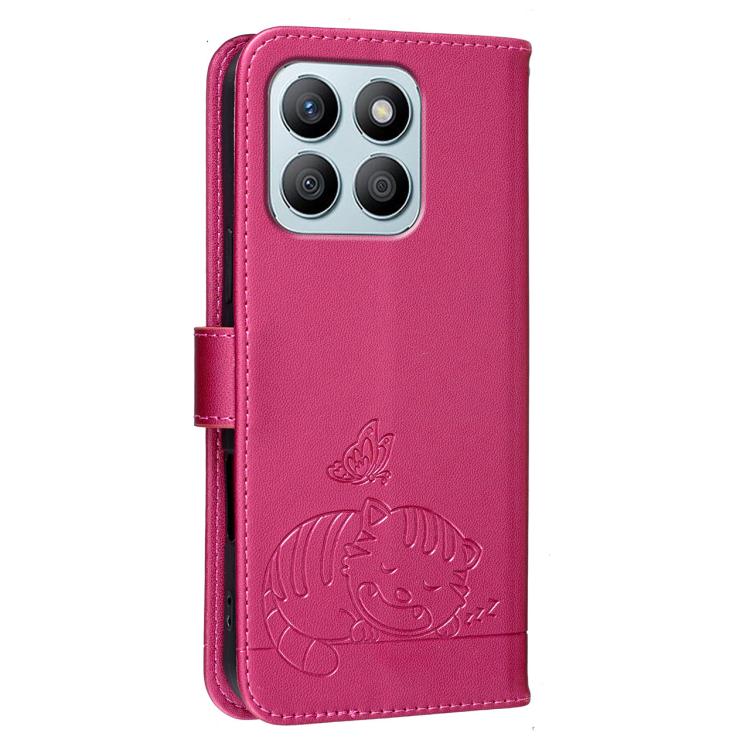For Honor X8b Cat Butterfly Embossed RFID Vegan Leather Phone Case with Strap